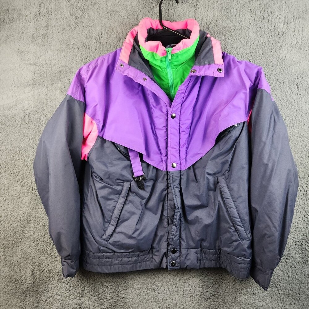 VTG New Order 90's Puffer Ski Jacket Men's Medium Hooded Quilted Neon Colorblock